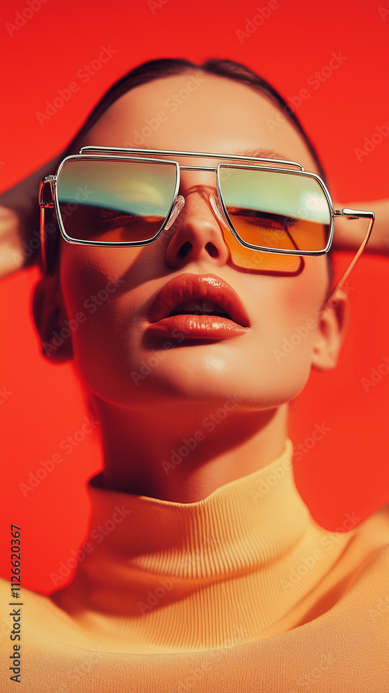 A woman is wearing sunglasses and a yellow shirt A woman is wearing sunglasses and a yellow shirt