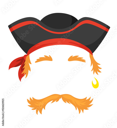 Pirate mask. Cartoon face decoration - hat and mustache. Party accessories, head costume concept. Decoration item for your selfie photo, video chat filter or photo booth
