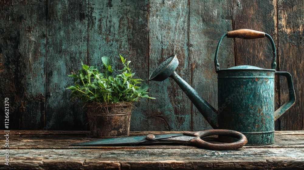 Garden shears and watering can on rustic table gardening tools vintage setting close-up view nature concept Garden shears and watering can on rustic table gardening tools vintage setting close-up view nature concept