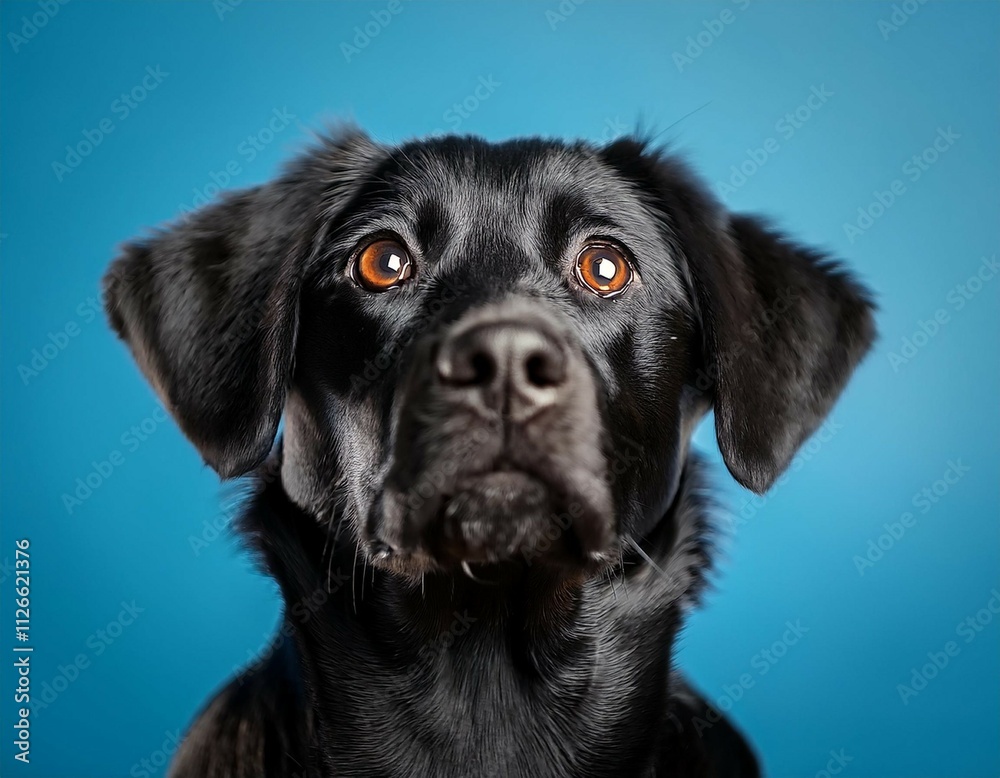 black dog with brown eyes looking up blue background adorable pet portrait perfect for pet care websites and social media black dog with brown eyes looking up blue background adorable pet portrait perfect for pet care websites and social media