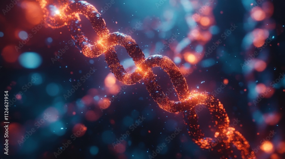 A close-up view of a glowing chain, showcasing vibrant colors and textures, representing connection and energy in a digital or scientific context.