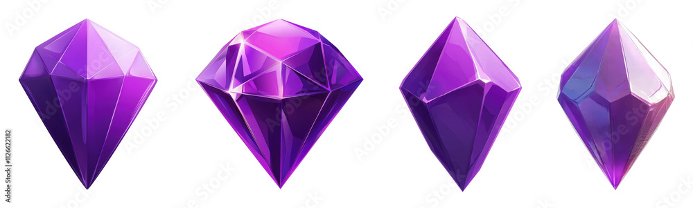 Set of Stylized Purple Crystals in Various Shapes Set of Stylized Purple Crystals in Various Shapes