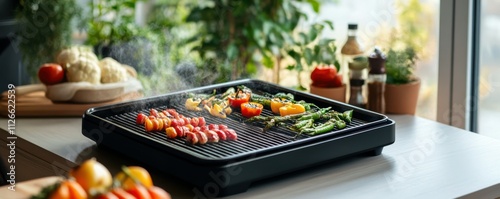 Tasty vegetables on modern electric grill on table in kitchen