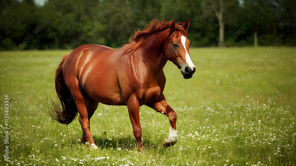 Horse running on the field of grass in the jungle Horse running on the field of grass in the jungle