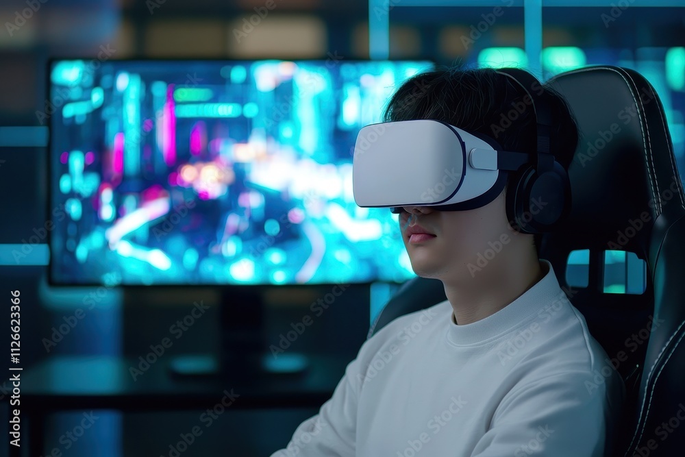 Immersive VR Gaming Experience Young Man Using Virtual Reality Headset Immersive VR Gaming Experience Young Man Using Virtual Reality Headset
