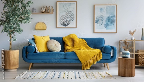 a scandinavian living room with a blue sofa accented by yellow pillows and a blanket
