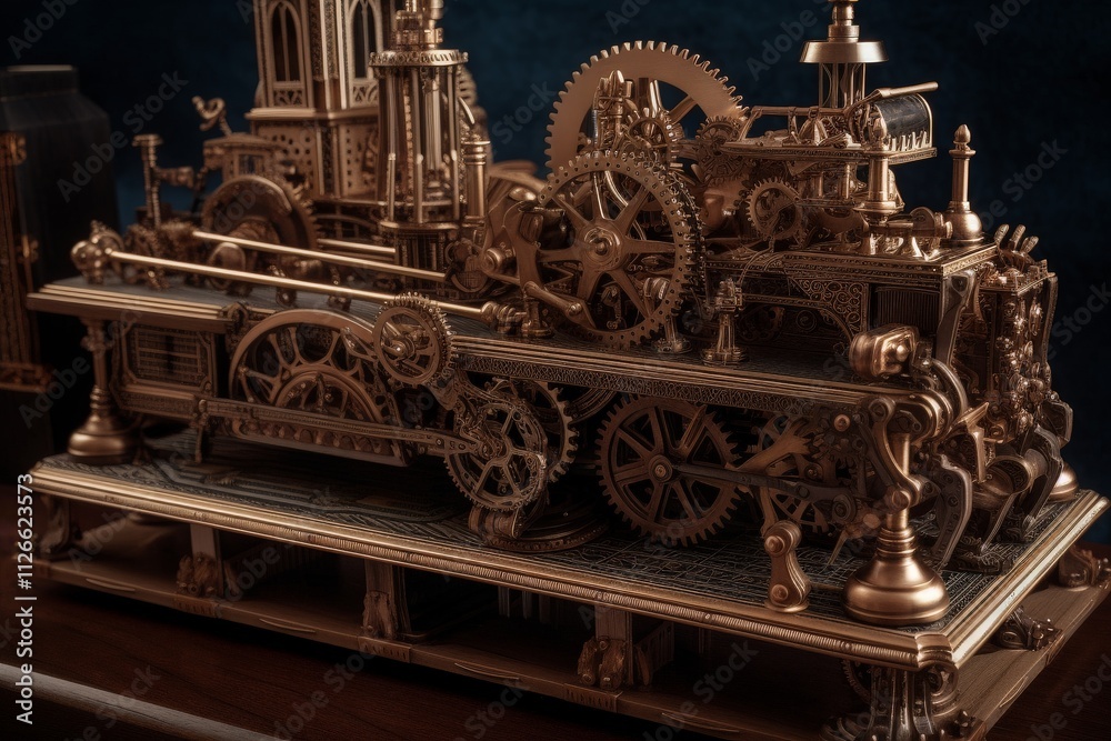 Fototapeta premium Intricate steampunk-style clockwork mechanism model with gears and intricate details.