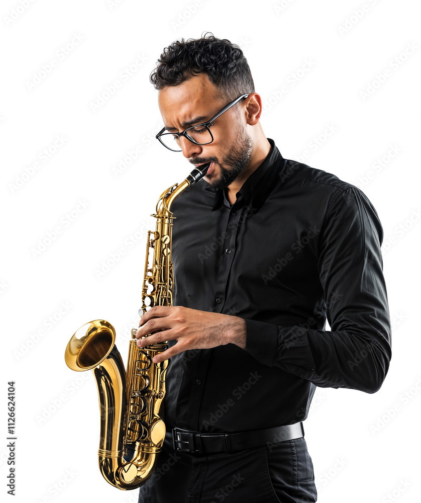 Fototapeta premium Professional Musician Playing the Saxophone in Elegant Black Attire on a Transparent Background