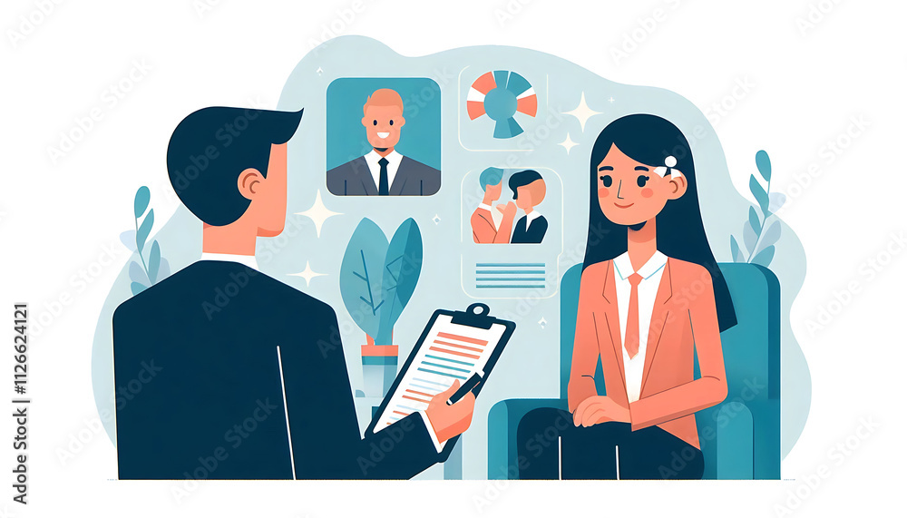Prospective employee is interviewed for employment with professionals in business attire in an office setting. Memphis style vector illustration. Prospective employee is interviewed for employment with professionals in business attire in an office setting. Memphis style vector illustration.