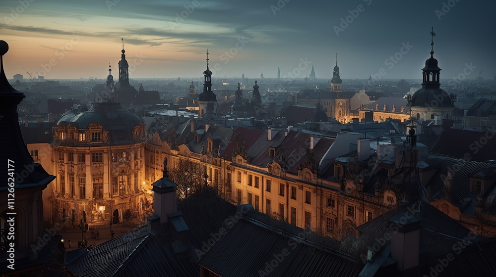 Fototapeta premium Twilight cityscape showcasing old European architecture and skyline