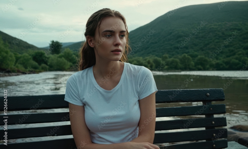 Young woman sitting on bench with her hair wet. She is wearing white T-shirt Young woman sitting on bench with her hair wet. She is wearing white T-shirt
