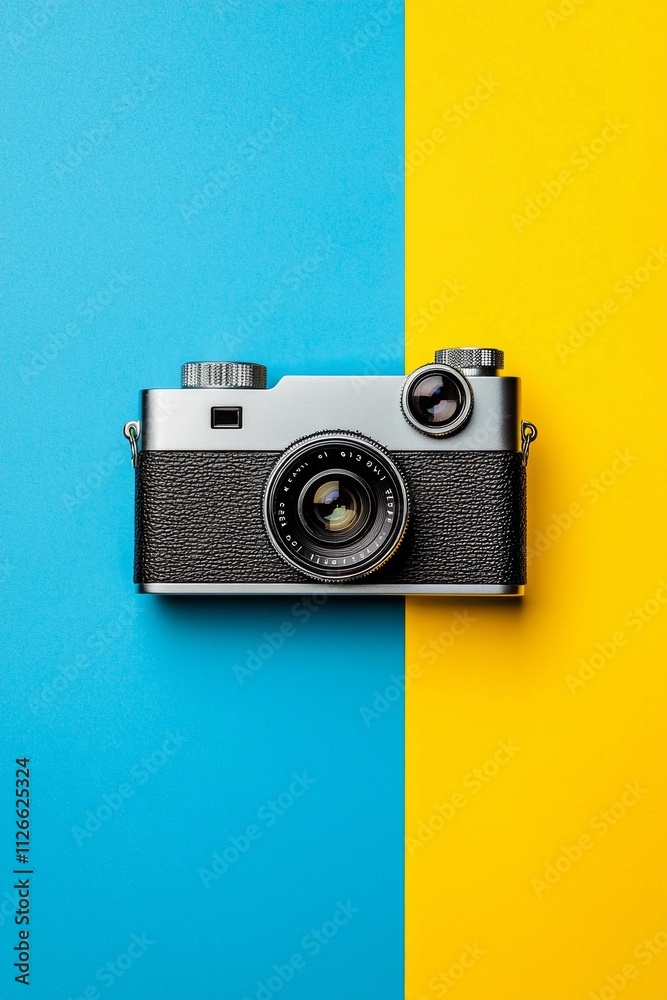Blue and yellow background with a retro camera on it, simple and minimalistic style, Blue and yellow background with a retro camera on it, simple and minimalistic style,