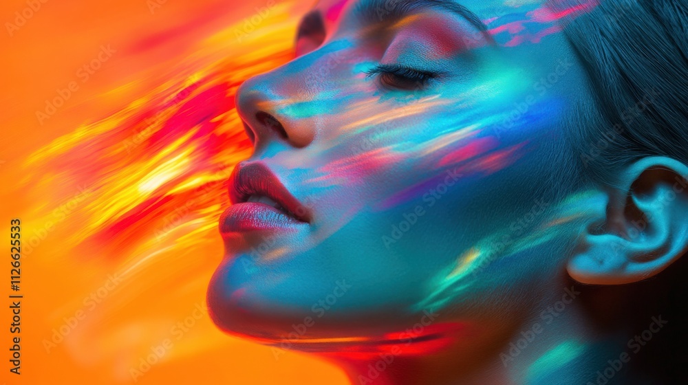 woman with colorful light reflections on her face woman with colorful light reflections on her face