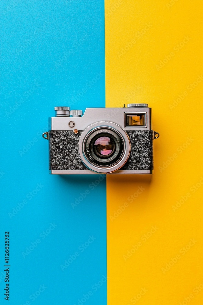 Blue and yellow background with a retro camera on it, simple and minimalistic style, Blue and yellow background with a retro camera on it, simple and minimalistic style,