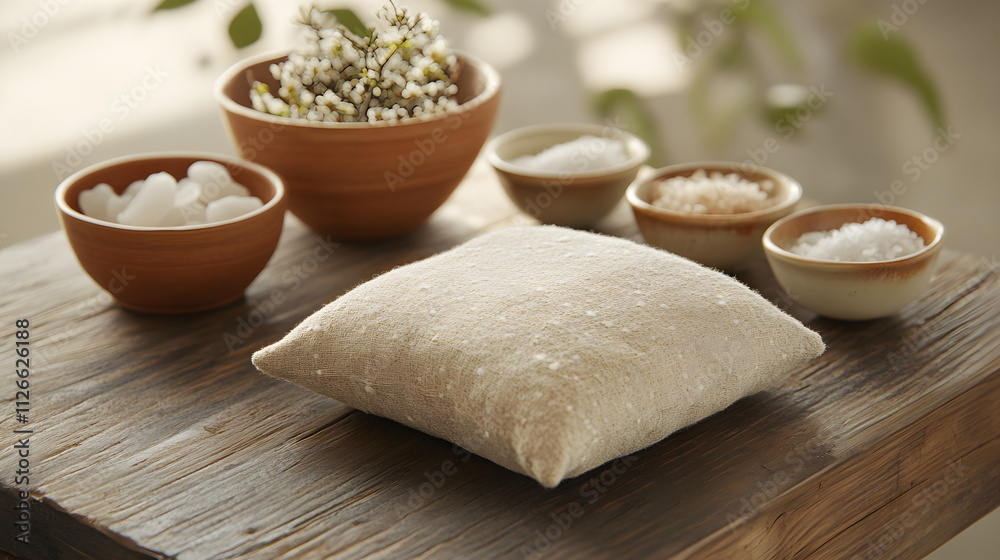 Serene Herbal Pillow and Spa Salts on Rustic Wooden Surface for Ultimate Relaxation Serene Herbal Pillow and Spa Salts on Rustic Wooden Surface for Ultimate Relaxation
