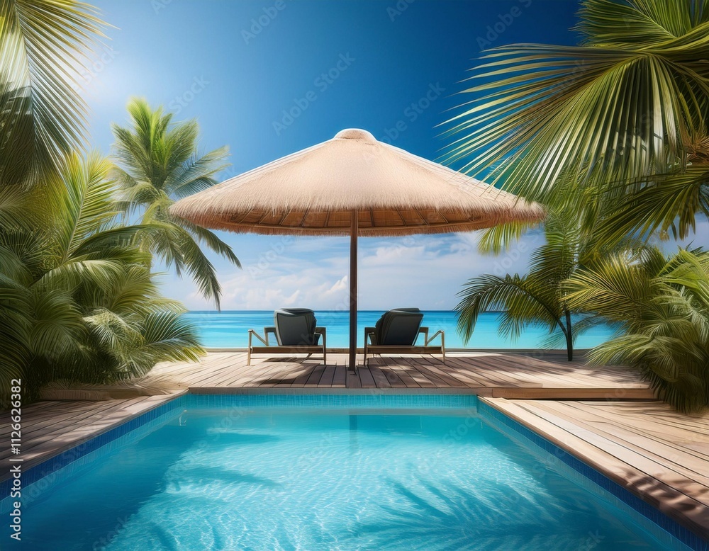 Fototapeta premium tropical backdrop with a deluxe pool and palm shade perfect for showcasing products