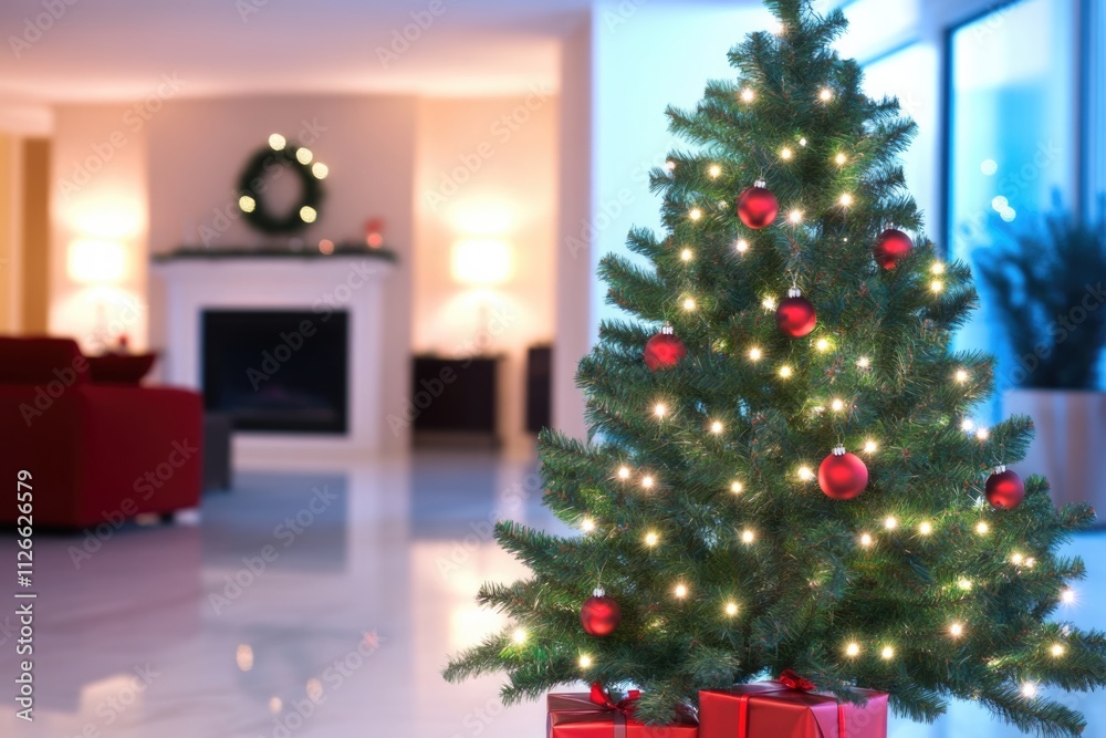 A beautifully decorated Christmas tree with twinkling lights and red ornaments stands in a modern living room, over brightly wrapped gifts, enhancing the festive ambiance.