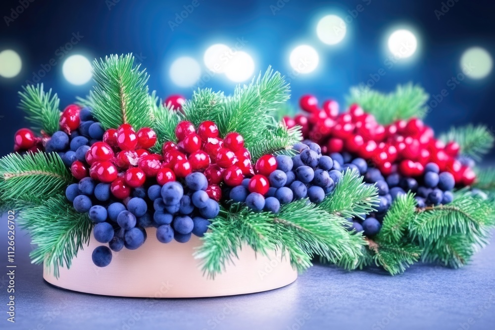 A festive evergreen centerpiece features red and blue berries, showcasing a blend of vibrant colors and natural beauty, perfect for holiday celebrations. A festive evergreen centerpiece features red and blue berries, showcasing a blend of vibrant colors and natural beauty, perfect for holiday celebrations.