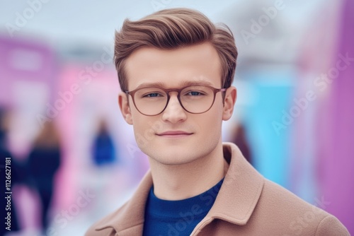 A stylish young man gazes confidently into the camera while wearing glasses and a fashionable coat, standing in front of a blurred modern urban background. photo