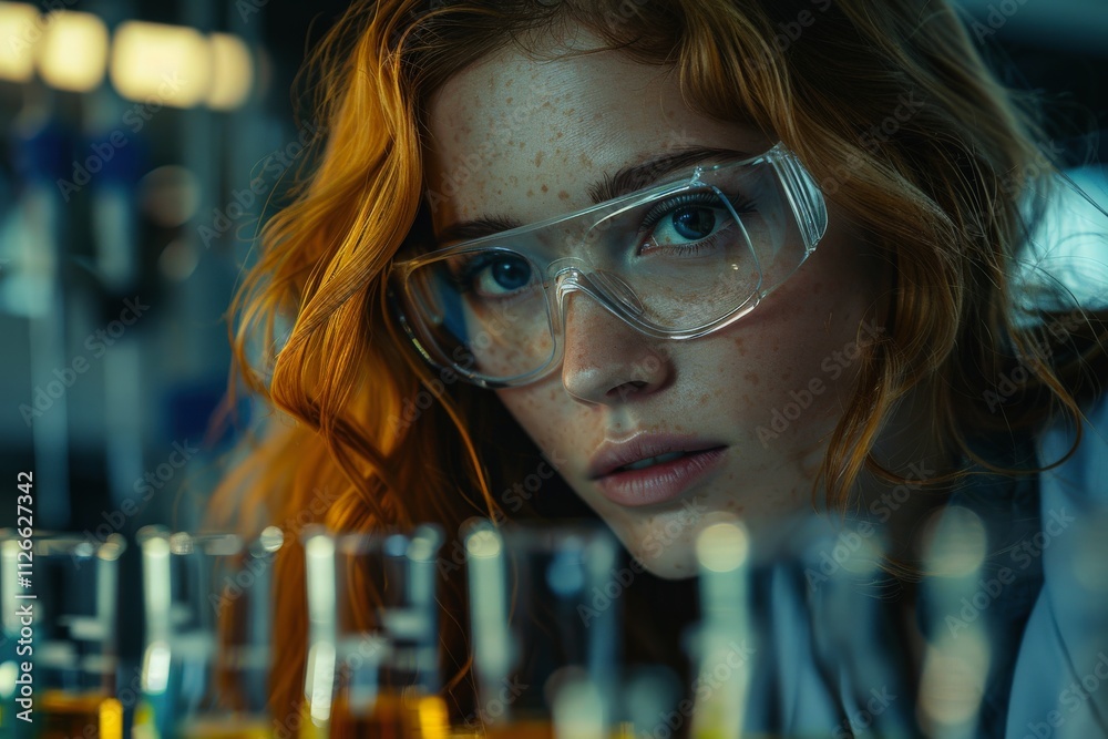 Portrait of a Focused Young Female Scientist with Red Hair in Safety Goggles Analyzing Chemical Reactions in Laboratory Settingscientist Portrait of a Focused Young Female Scientist with Red Hair in Safety Goggles Analyzing Chemical Reactions in Laboratory Settingscientist