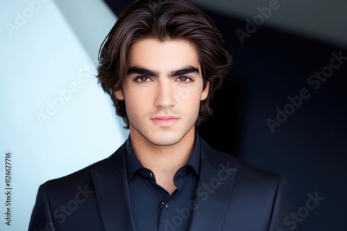 A person emanates confidence and intensity with a penetrating gaze while wearing a sharp black suit and shirt, embodying elegance and charisma in a minimalist setting. photo