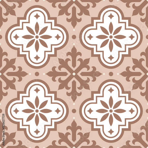 Vector decorative tiles design, Azulejo seamless pattern in mocca brown color, abstract and floral decoration inspired by traditional tiles from Portugal and Spain