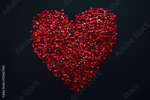 Beautiful Red Heart Shape Made of Glittery Tiny Hearts on Black Canvas
