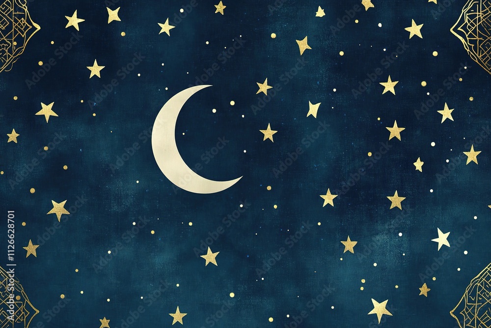 Naklejka premium Minimalist Ramadan Design: Starry Night Sky with Crescent Moon and Islamic Motifs 