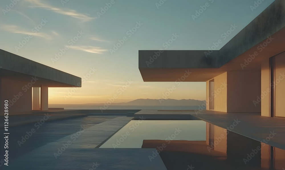 Fototapeta premium Serene sunset view from a minimalist modern house with infinity pool overlooking ocean and mountains.