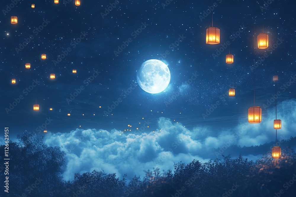 Elegant Eid Al Fitr Blue Night Sky with 3D-Like Shading, Crescent Moon, and Lanterns
Elegant Eid Al Fitr Blue Night Sky with 3D-Like Shading, Crescent Moon, and Lanterns
