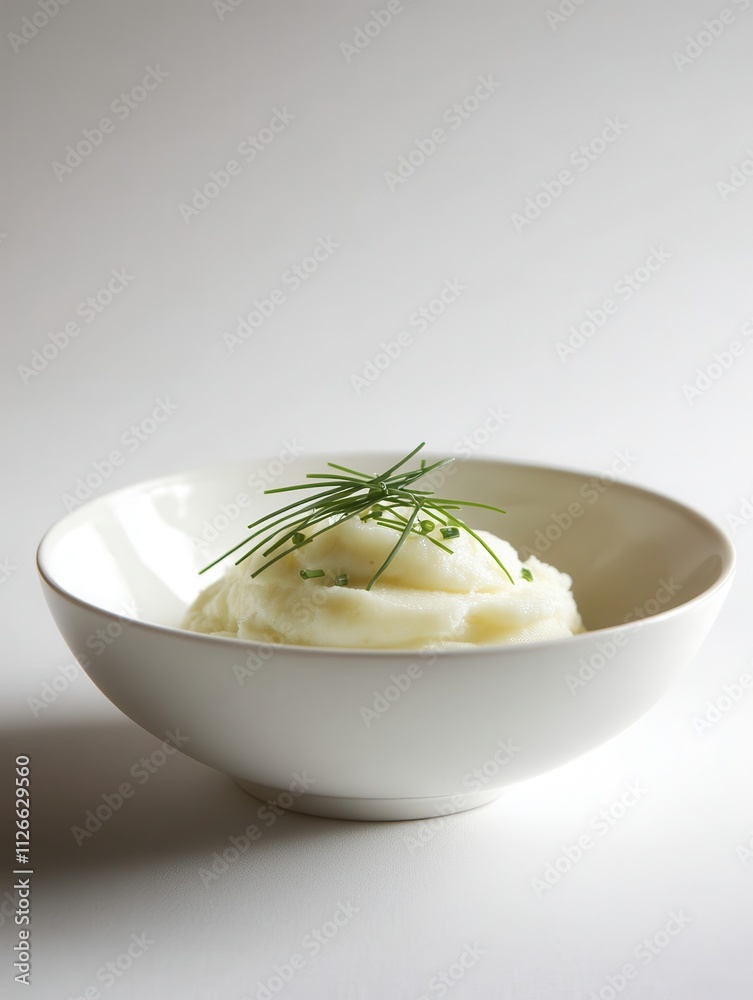 A bowl of creamy mashed potatoes garnished with fresh chives. A bowl of creamy mashed potatoes garnished with fresh chives.