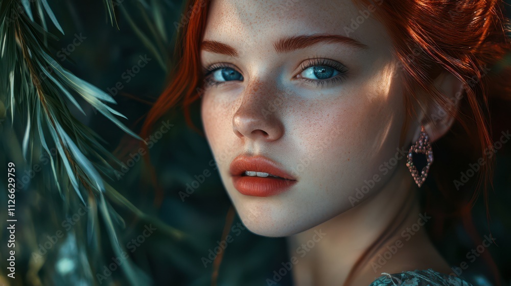 woman red hair earrings sitting alluring lips blueish eyes ancient princess portrait covid young human covered roots cinnamon looks woman red hair earrings sitting alluring lips blueish eyes ancient princess portrait covid young human covered roots cinnamon looks
