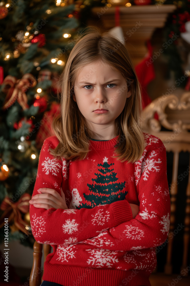 Angry girl, Child in Festive Christmas ugly Sweater with Arms Crossed - Funny and Relatable Holiday Portrait with a Decorated Christmas Tree in the Background Angry girl, Child in Festive Christmas ugly Sweater with Arms Crossed - Funny and Relatable Holiday Portrait with a Decorated Christmas Tree in the Background