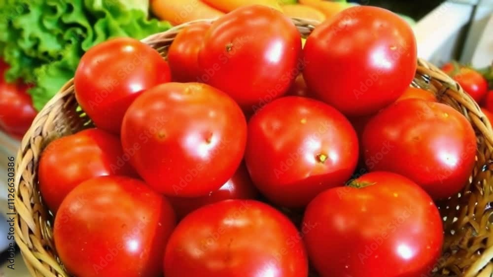 Fresh red tomatoes on the counter in the store. Harvest of vegetables. Healthy diet. Fresh red tomatoes on the counter in the store. Harvest of vegetables. Healthy diet.
