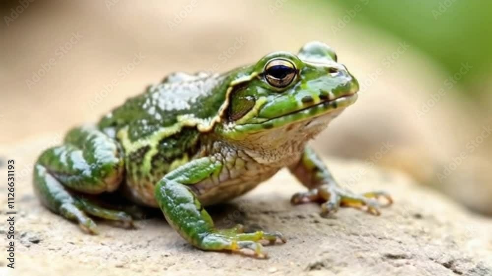 Green Marsh Frog Pelophylax ridibundus croaking on a beautiful light. Slow motion. Close up. Green Marsh Frog Pelophylax ridibundus croaking on a beautiful light. Slow motion. Close up.