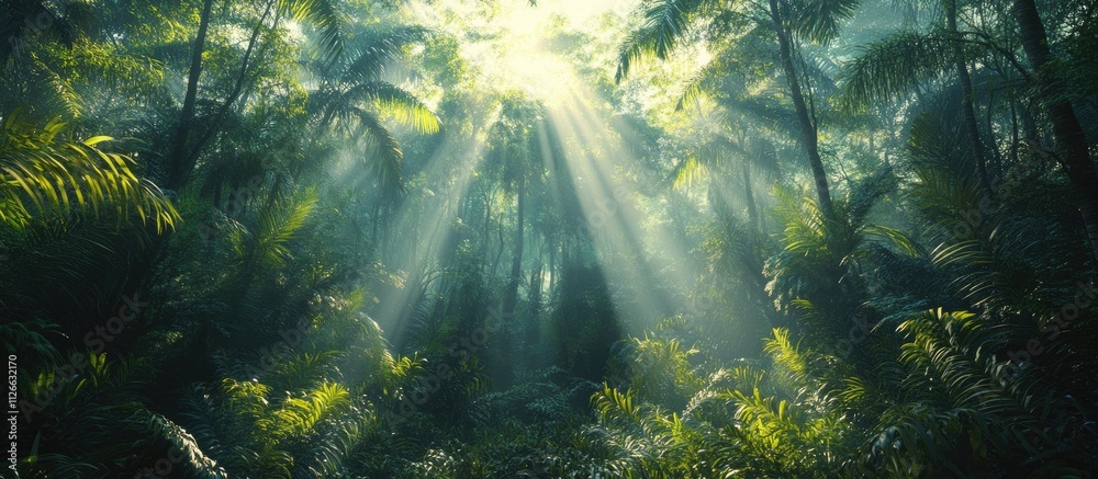 Sunbeams piercing through lush, vibrant rainforest. Sunbeams piercing through lush, vibrant rainforest.