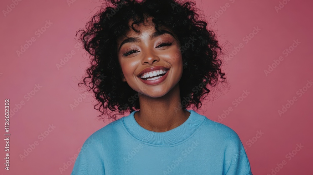 Young woman with curly hair in casual blue sweatshirt smiling against pink background for advertising and promotion Young woman with curly hair in casual blue sweatshirt smiling against pink background for advertising and promotion