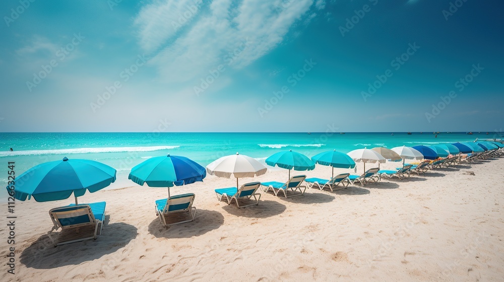 Beach Umbrellas and Lounge Chairs Line Pristine White Sand Beach Umbrellas and Lounge Chairs Line Pristine White Sand