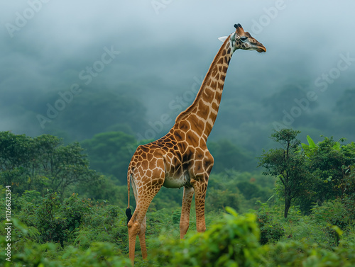 Giraffe in a Misty Rainforest