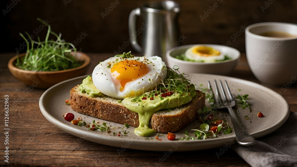 Avocado toast with poached eggs healthy food dish Avocado toast with poached eggs healthy food dish
