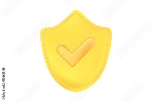 Cute gold 3D security shield icon with check mark isolated, transparent background. Glowing glass or plastic texture cyber data protection, safety or trust illustration
