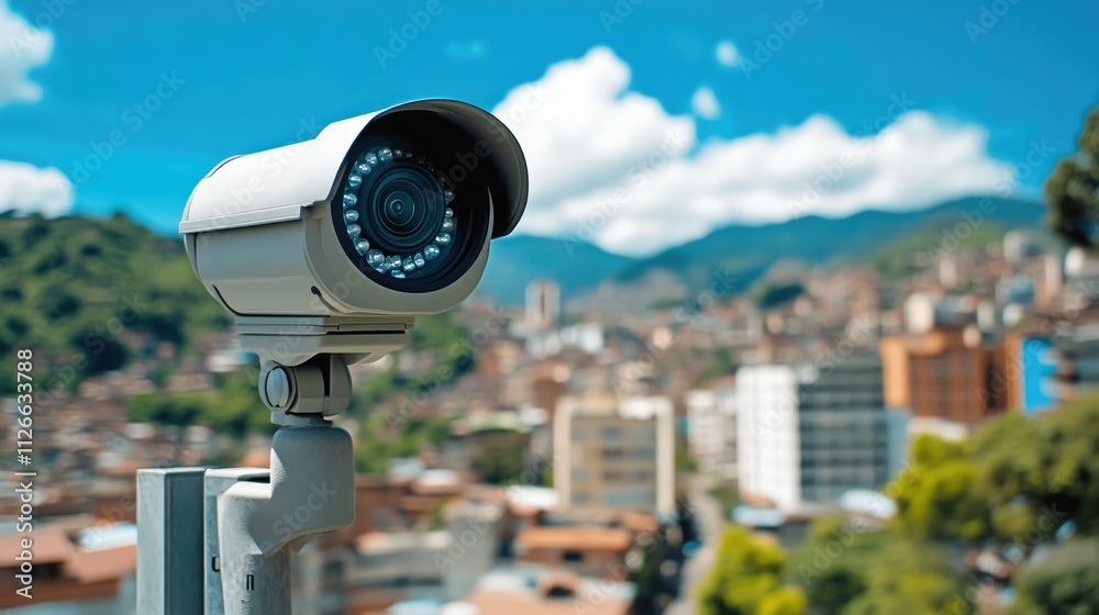 Fototapeta premium Security Camera Lens Zoomed in on City Landscape