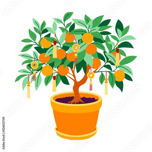 A tree with oranges and gold ornaments hanging from it. The tree is in a pot