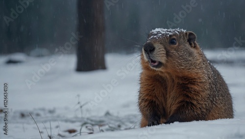 Groundhog Day, Funny groundhog in a suit, top hat predicts the weather. Groundhog meteorologist