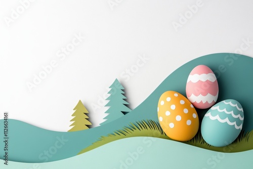 collage of vibrant spring meadow scene, easter eggs, and paper cut craft easter concept, set against a white background photo