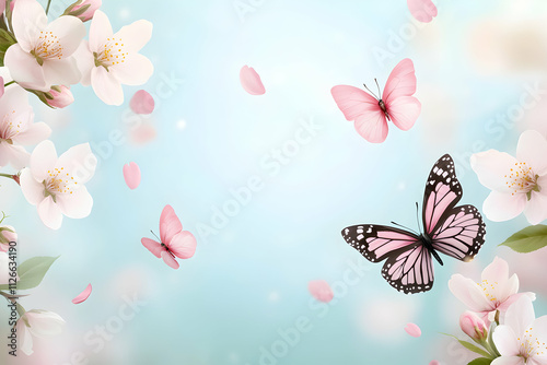 Serene spring scene with delicate pink butterflies fluttering amidst blossoming cherry blossoms on a soft blue background. Ideal for spring themes, nature, tranquility, and feminine designs. photo