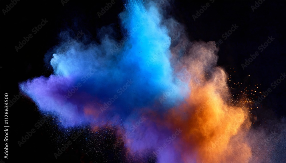 Vibrant Bluish Smoke Cloud of Colored Powder: A Stunning Visual of Bright Orange, Purple, and Blue Hues Blending Together in a Dreamlike Atmosphere Vibrant Bluish Smoke Cloud of Colored Powder: A Stunning Visual of Bright Orange, Purple, and Blue Hues Blending Together in a Dreamlike Atmosphere