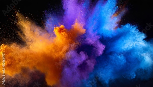 Vibrant Bluish Smoke Cloud of Colored Powder: A Stunning Display of Bright Orange, Purple, and Blue Hues in an Ethereal Artistic Composition