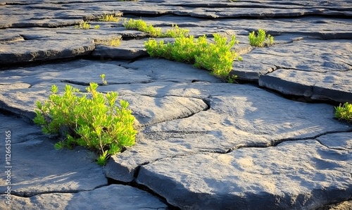 Resilient green plants growing in cracked gray rock formations. photo