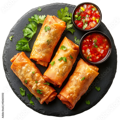 Top view of southwestern egg rolls on a dark stone platter isolated on a white transparent background